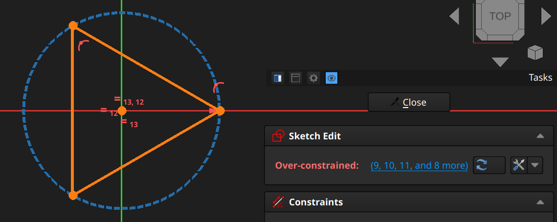 FreeCAD sketcher workbench over constrained example